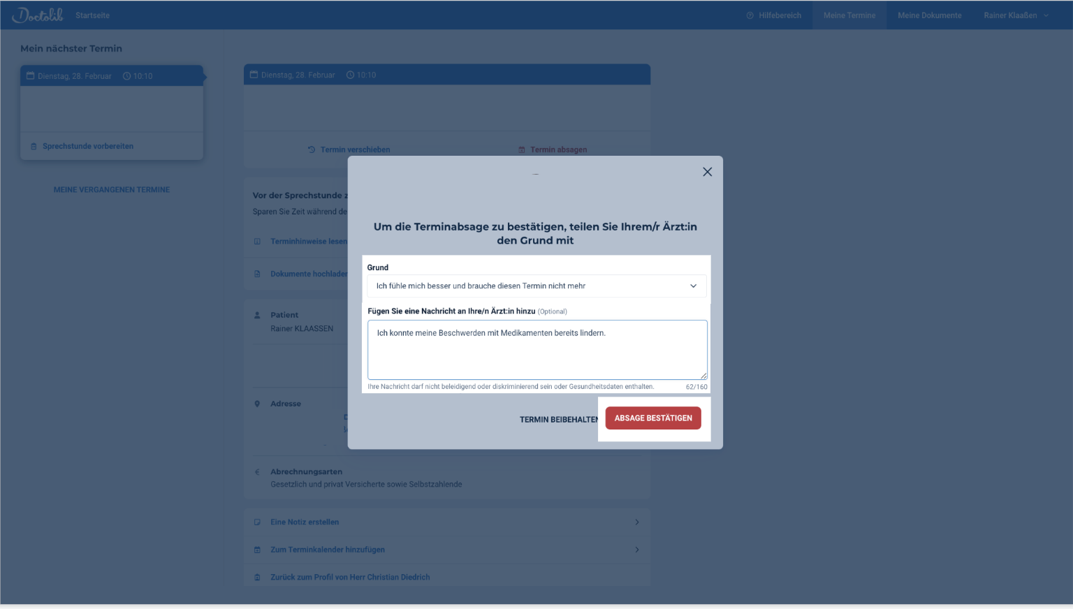 Ich möchte meinen Termin absagen Hilfe und Support Doctolib